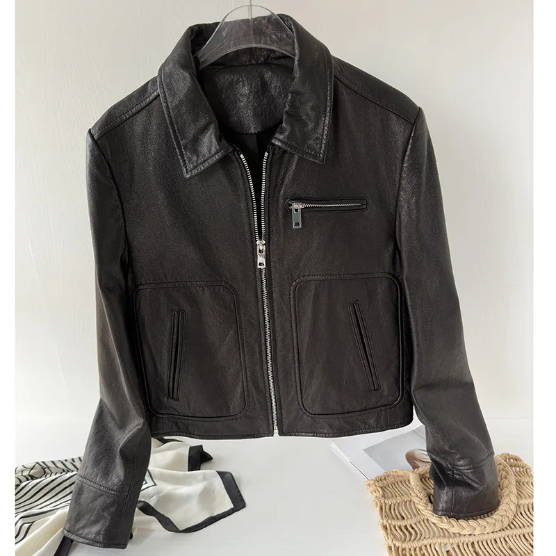 100% couro real moto & biker jaquetas curtas para as mulheres 2025 outono casual retro marrom zíper feminino jaqueta de couro genuíno casacos