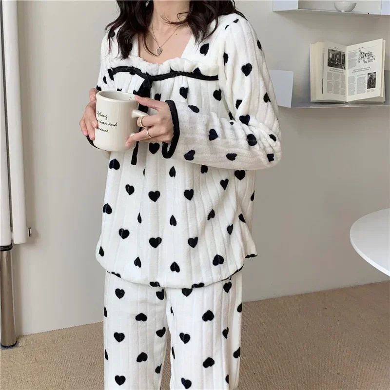 Damen pyjamas Korallen vlies Vierkant hals Frauen Pyjama Flanell Tupfen/Bogen Lounge wear Set Nachtwäsche Herbst und warmer Winter