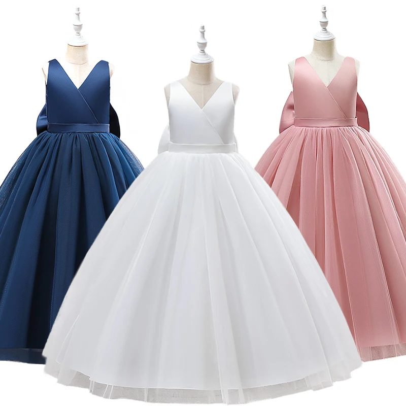 

Formal Occasion Girl Backless Satin Dress + Plus Bow Tie Children's Birthday Party Graduation Ceremony Bridesmaid Pageant Gown