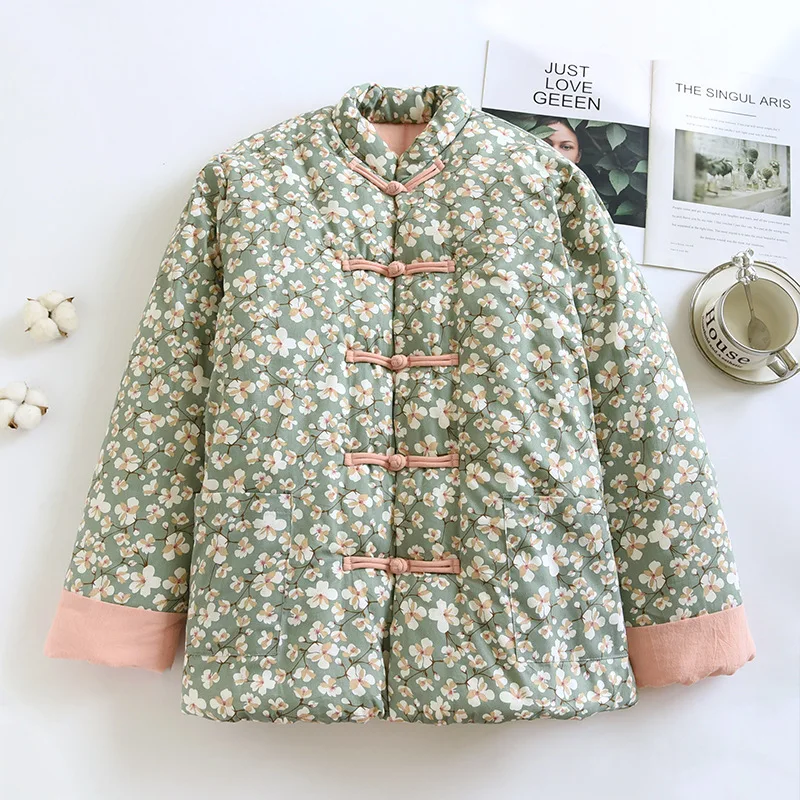 

Новая женская зимняя куртка в китайском стиле с цветочным принтом, свободного кроя, на пуговицах, с хлопковыми вставками, длинными рукавами, воротником-стойкой, утепленная
