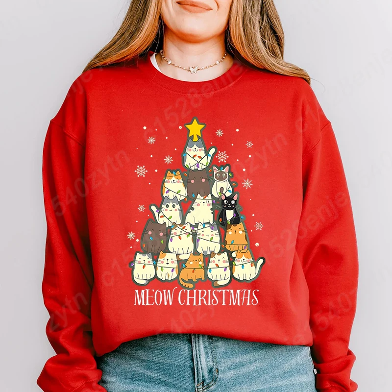 Women's Festive Cat Christmas Tree Print Sweatshirt, Casual Pullovers, Crew Neck Long Sleeve for Winter, Women Xmas Sweatshirts #4
