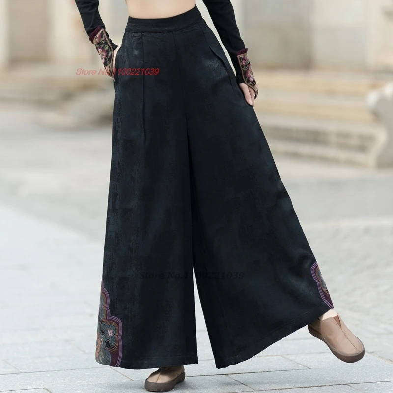 2025 chinese vintage pants satin jacquard trousers national flower embroidery ethnic folk pants elastic waist wide leg trousers