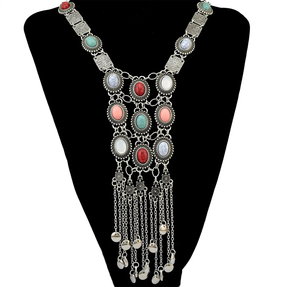 Vintage goldene silbrige Statement-Halskette für Frauen, bunte Strasssteine, lange Ketten, Halsketten, Gypsy, Boho, ethnischer Halsschmuck – Detail 16