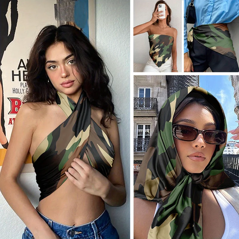 Camouflage Olive Drab Headscarf Women Square Hair Wrapped Large Handkerchief Neck Scarf Shawl Unisex Travel Accessory