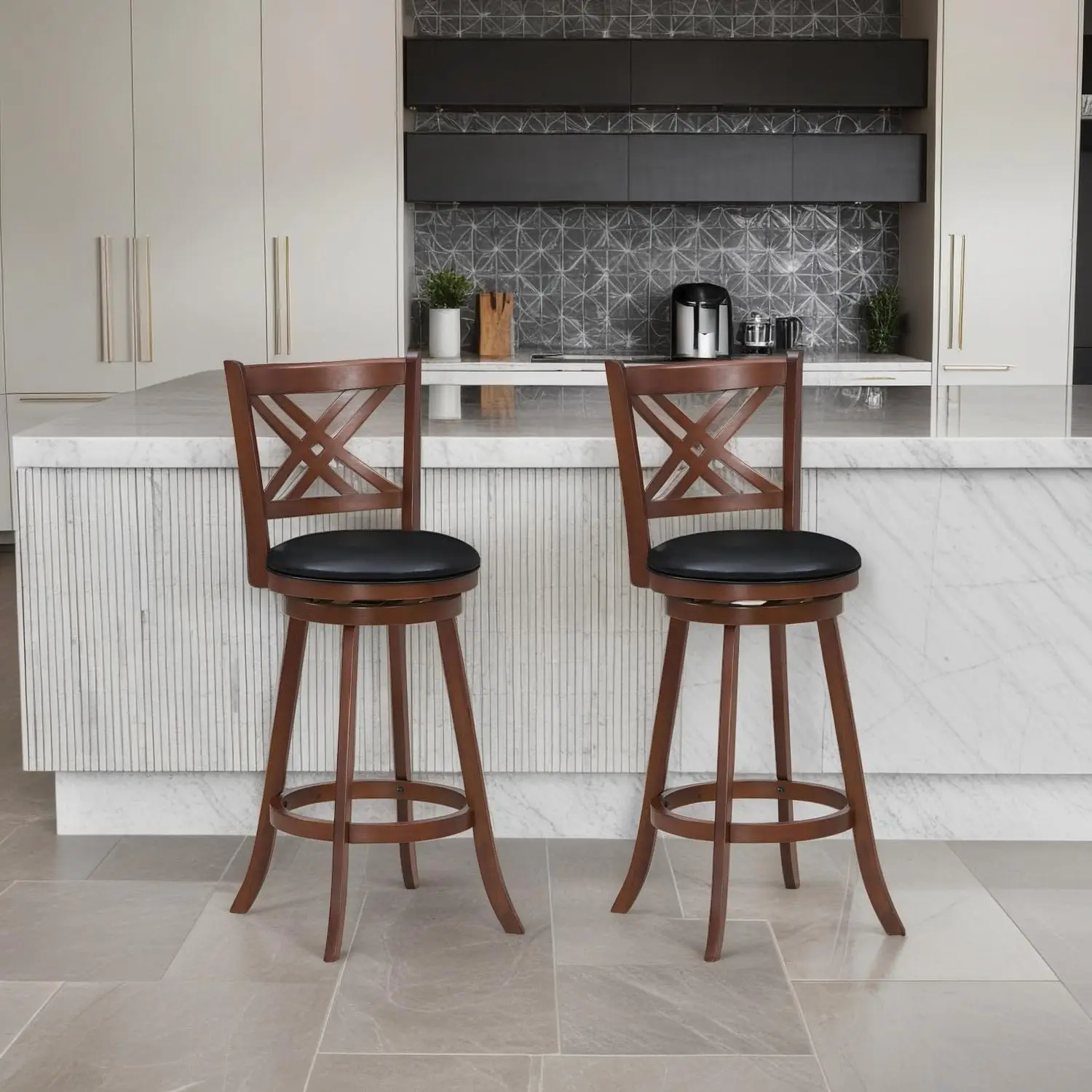 

Set of 2 Swivel Bar Stools 24/29 Inch Height - 360° Rotating PU Leather Counter Stools with Backrest & Footrest, Kitch