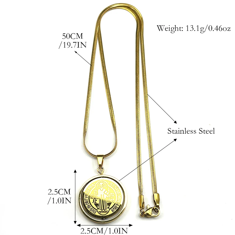 تدوير الكاثوليكية سانت بنديكت ميدالية قلادة للنساء الرجال الفولاذ المقاوم للصدأ الذهب اللون سلسلة القلائد مجوهرات سان بينيتو