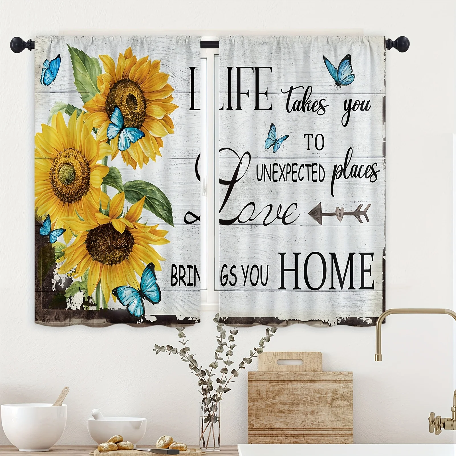 2pcs Farmhouse Country Sunflower Print Home Living Room Kitchen Sunshade Curtain Suitable for Study Bathroom Sunshade Cloth