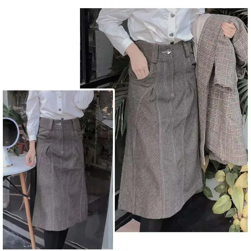 Woolen Skirt Women Herringbone Pattern Vintage A Line Midi Skirts Winter Autumn High Waist Chic Skirts Office Lady Work Skirt