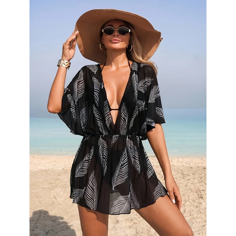 Women's Single-Piece Beach Cover-Up with Leaf Branch Mesh Pattern for Spring/Summer