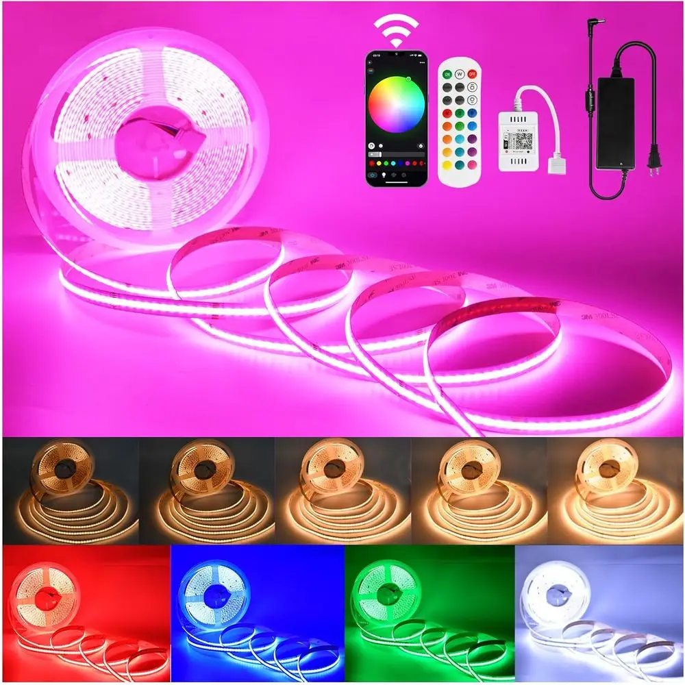 

Светодиодная лента RGBW COB 32.8 фута/10 м, гибкая светодиодная лента 12 мм, 6720 светодиодов, 24В/8А, COB LED 3000К/5000К, диммируемая, яркая, Sma
