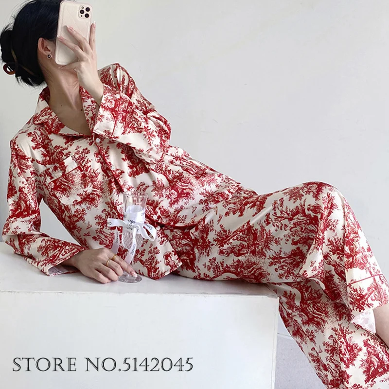 Women\'s Long Sleeve Pajamas Two Piece Set Sexy Red Flower Satin Sleepwear Trouser Suits Spring Autumn Casual Homewear Loungewear