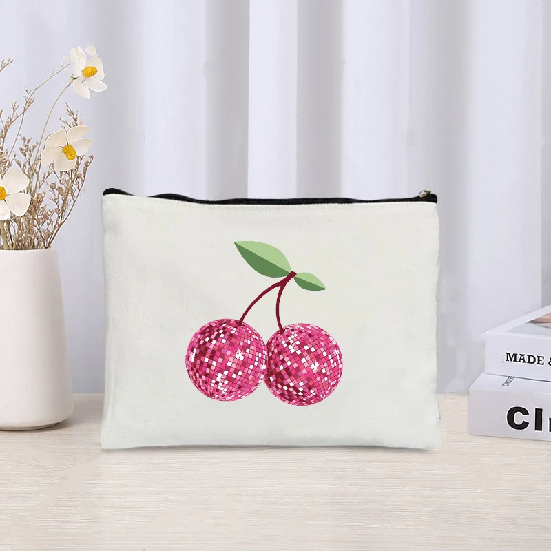 Kawaii Retro Canvas Makeup Bag para Mulheres e Meninas, bonito Ulzzang Bag, Padrão Doce Cereja, Estojo Cosmético, Armazenamento, Carteira, Ins