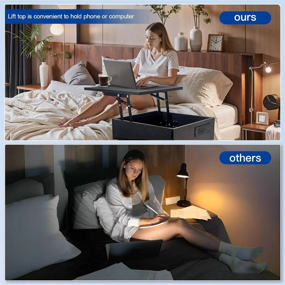 منضدة صديقة للكمبيوتر المحمول مع سطح رفع وعجلات وأضواء LED ومنفذ USB C ومخرج طاقة باللون الأسود