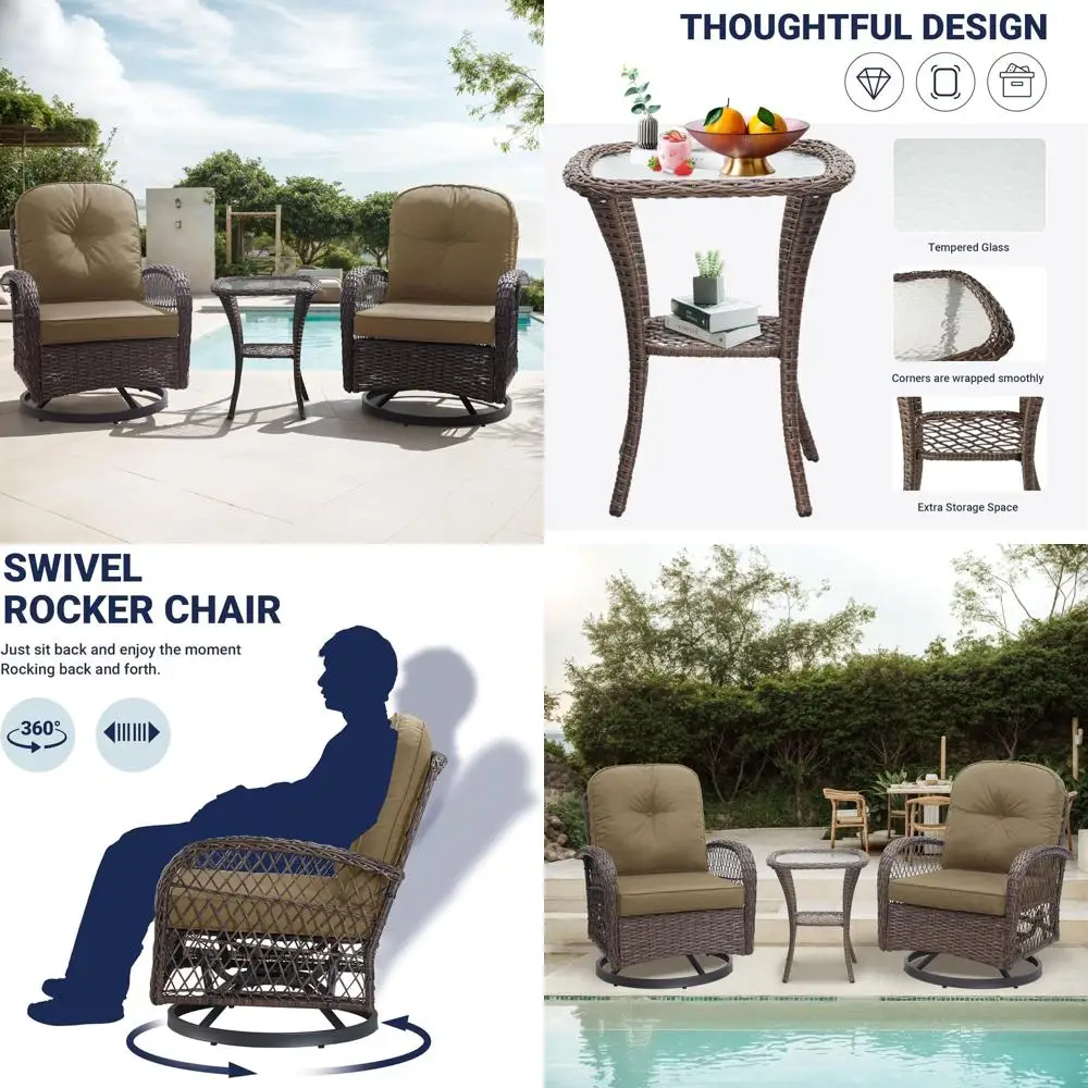 

Комплект садовой мебели из 3 предметов: плетеный бистро-набор для патио, 2 вращающихся кресла-качалки и кофейный столик, уличные ротанговые стулья