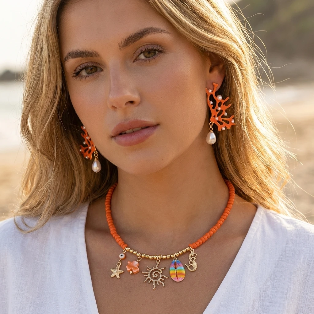 Bohemian Orange Coral Pearl Shell Earrings & Necklace Set