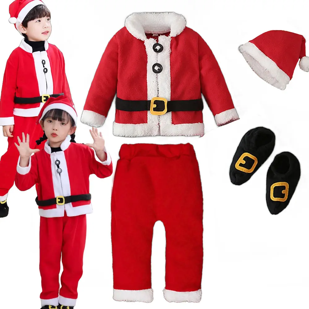 Warm Winter 4 Pieces Christmas Party Baby Boy and Girls Santa Claus Costume Play St Nicholas Day New Year Apparel Kids Xmas Suit