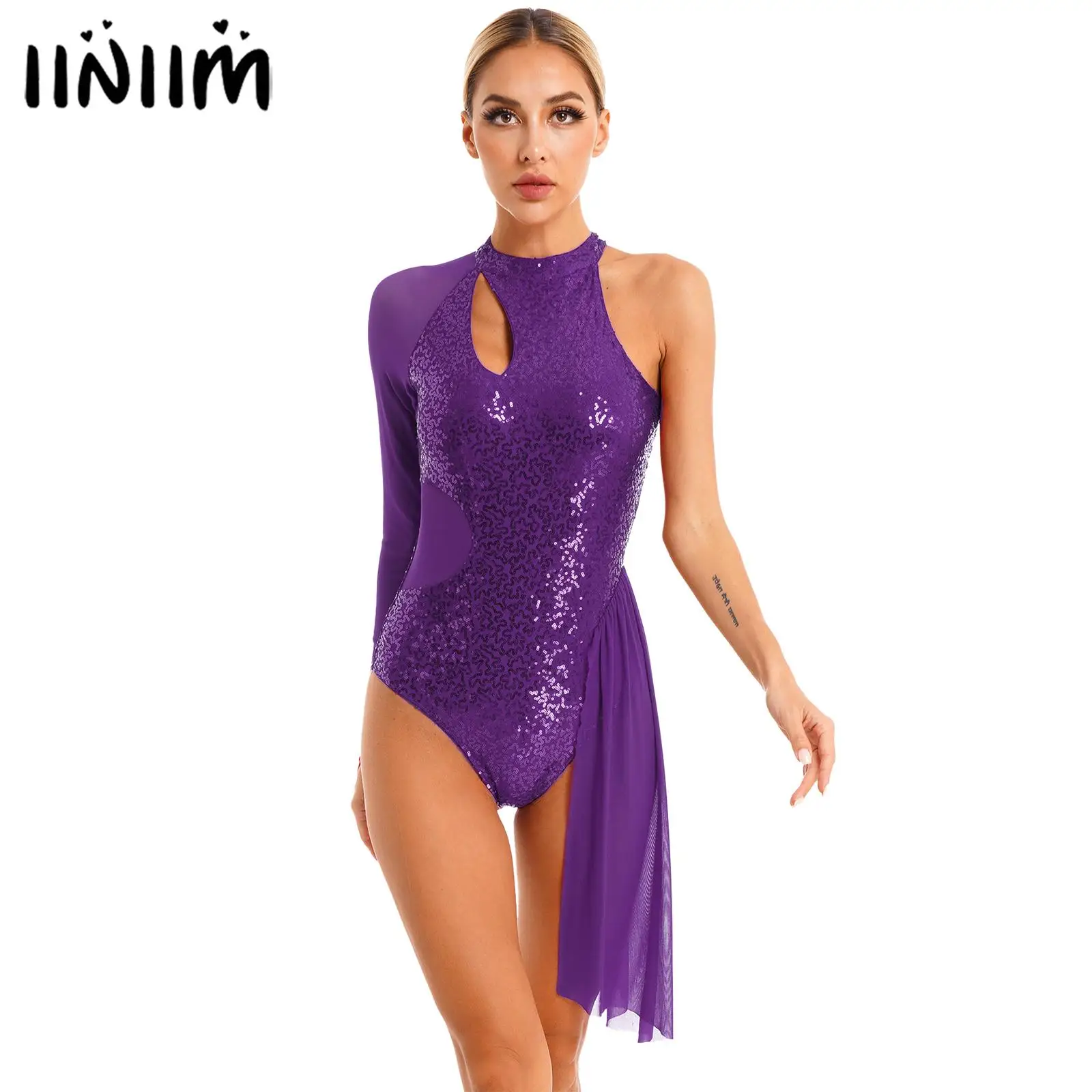 

Womens Glitter Sequins Gymnastics Ballet Jersey Costume One Shoulder Sheer Mesh Jumpsuit Halter Artistic Figure Skating Dress