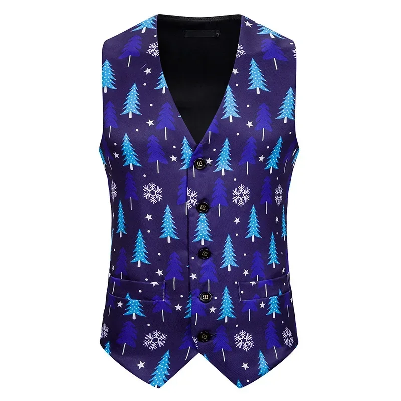 New Men's Vest Christmas Tree Print Spring and Autumn British Fashion Slim Casual Banquet Stage Performance Party Suit Vests