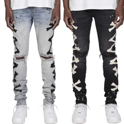 Jeans estampado slim fit rasgado masculino, jeans esqueleto Y2k, calça jeans masculina hip-hop vintage, calça elegante, moda