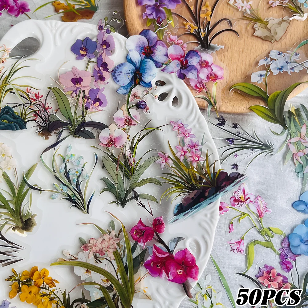 50pcs Orchid Floral Stickers for Luggage, Laptop, Scrapbook, Diary, Skateboard, Water Cup, Vase DIY Decoration