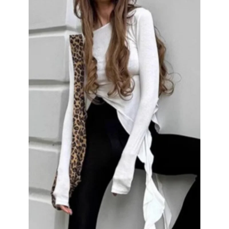 

Spring Irregular Round-neck Base Layer, Women's Design Sense, Fitted Long-sleeved-shirt, Spice Top
