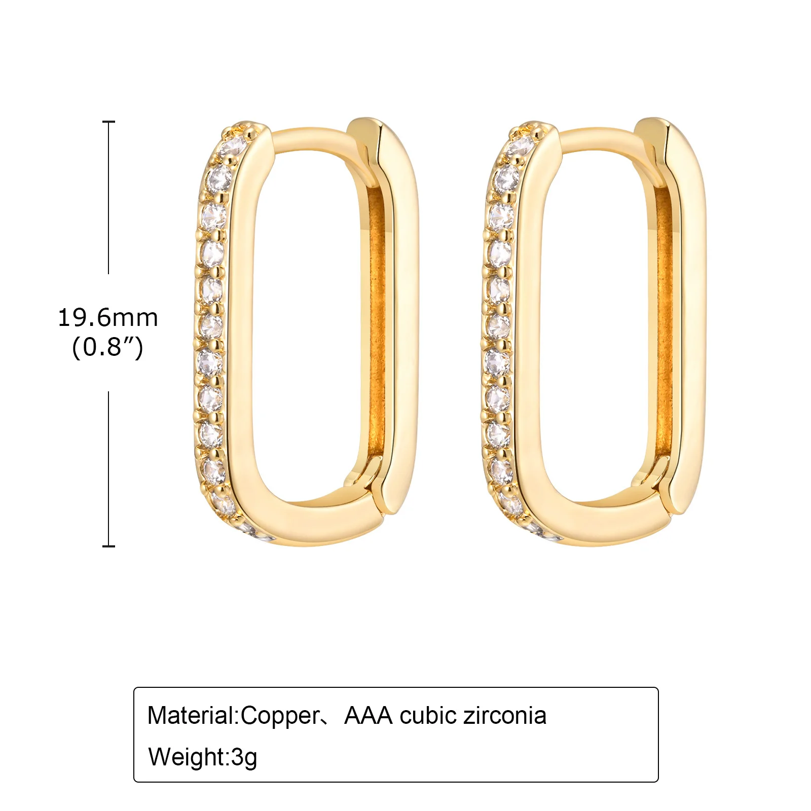 Women Trendy Gold Plated Copper Cubic Zirconia Row Huggies, Chic Rectangle Geometric CZ Stone Hoop Earrings
