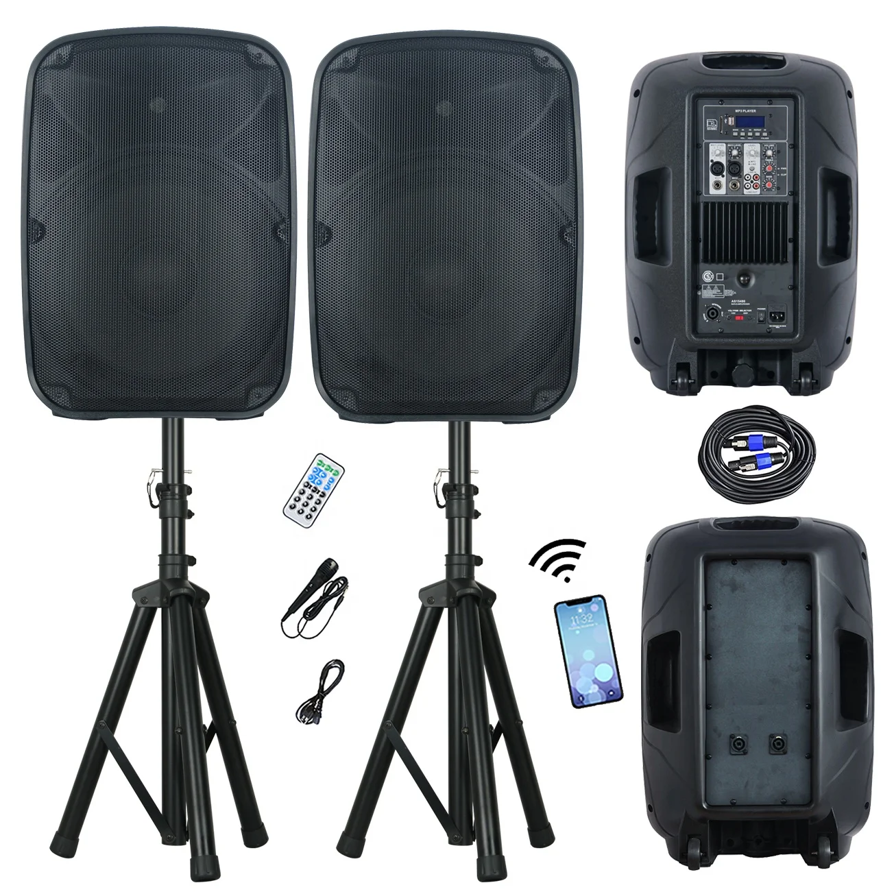 OEM Professional Audio 1000W Combo 2x15" Wireless Karaoke Sets PA Speaker System Sound Box Portable Party DJ System Bocina 6