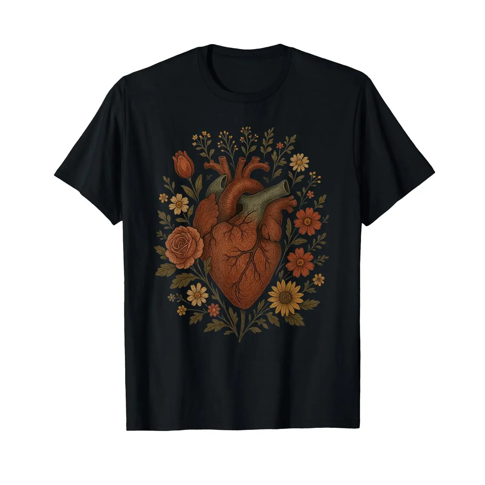 Realistic Anatomical Heart with Flowers Cardiology Cardiac T Shirt vintage Washed graphic designer clothes Breathable homme