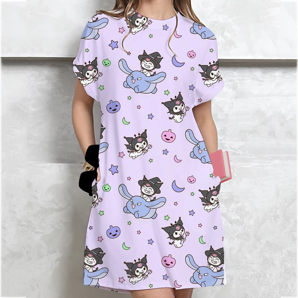 2025 New Korean-style Plus-size Hello Kitty print T-shirt Women's Summer Loose-fit Belly Covering Student Dress ﻿