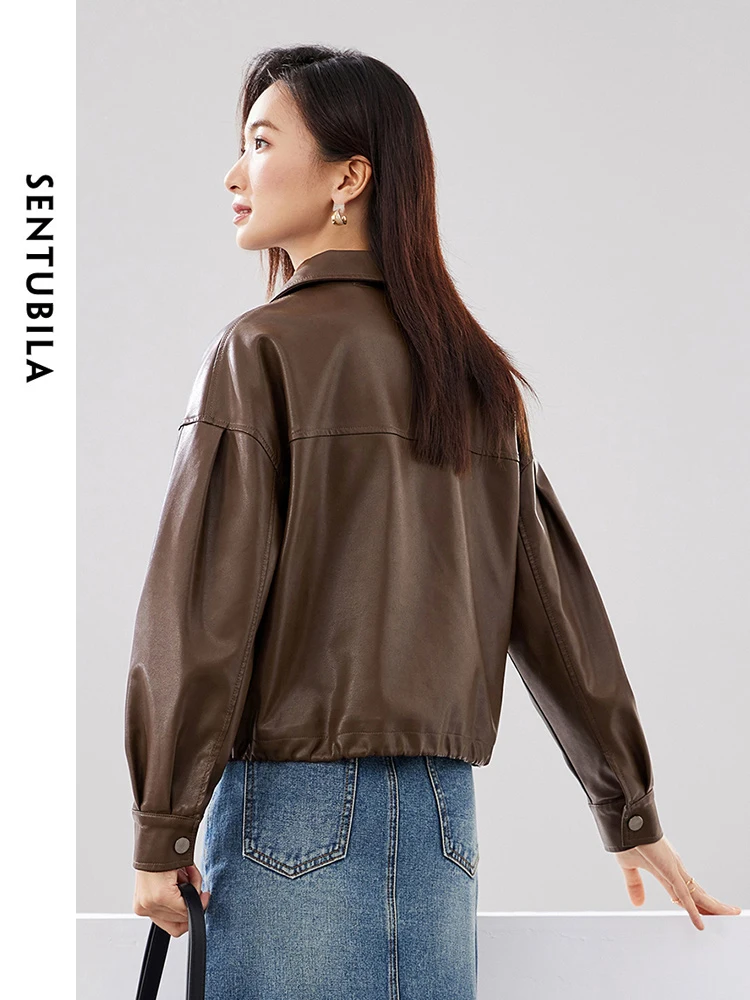 Imagem -02 - Sentubila-cropped Zipper Jaqueta de Couro de Motocicleta Cabolsas pu Feminino Sólido Cabolsas Bomber Lapela Café W41g52770 Primavera 2024