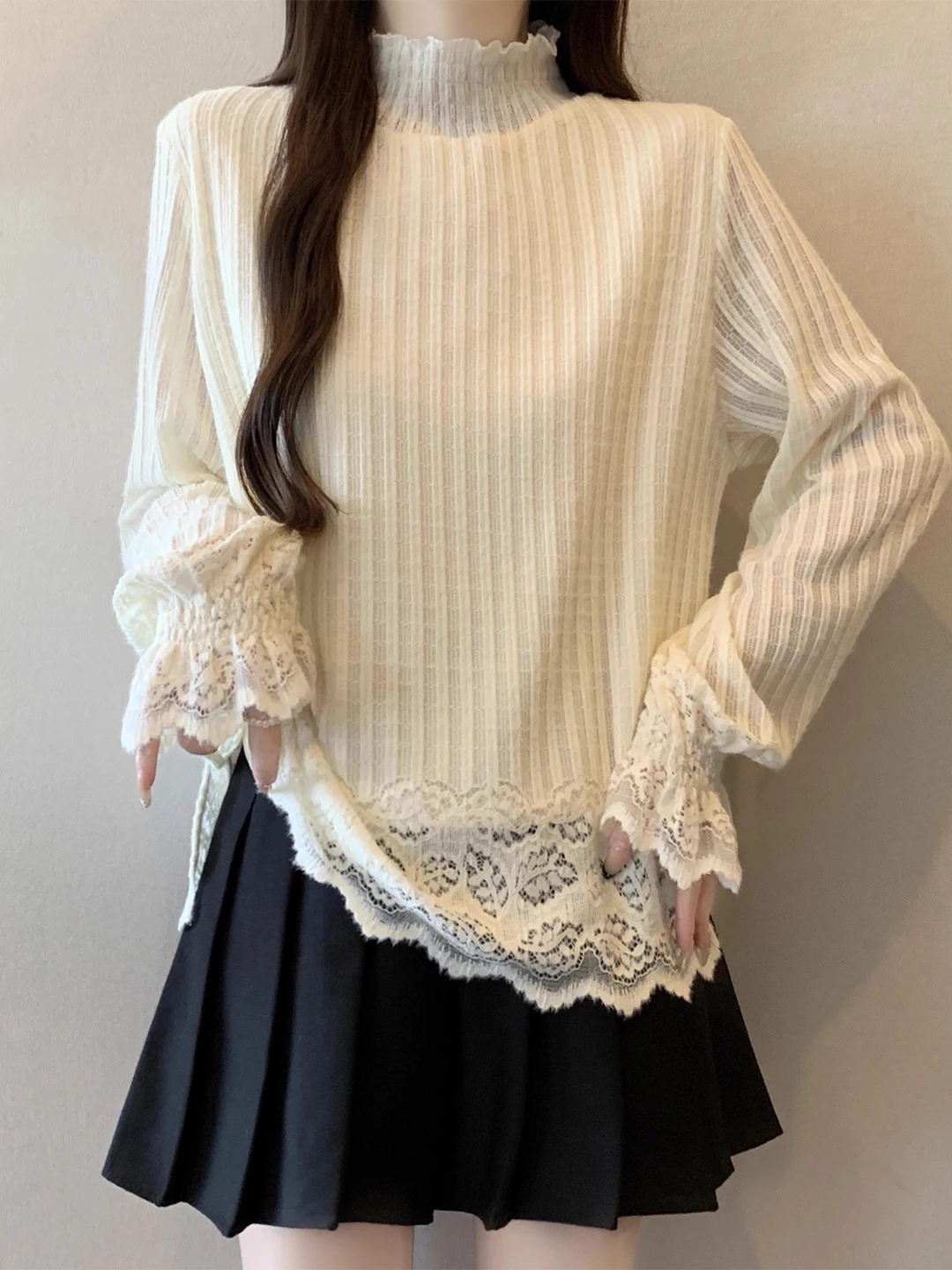 

Chic Lace Long Sve f High Collar Loose Base irt Women's plus Size Autumn Winter Faion Inner Wear Top Wooden