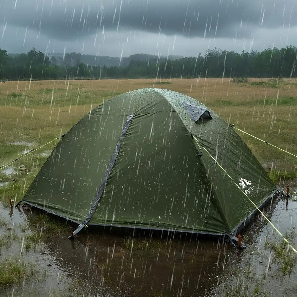 خيمة المشي لمسافات طويلة خفيفة الوزن للغاية مقاومة للماء لشخصين مع أقطاب ألومنيوم وطباعة مطر خضراء للمغامرات الخارجية