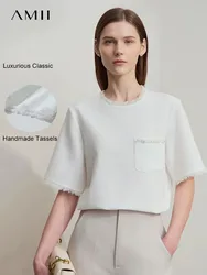 Amii Minimalist Women's Pullover Chiffon Shirt 2025 New Autumn Straight Tassel Bead Shoulder Short Sleeved Tee Top 12521016