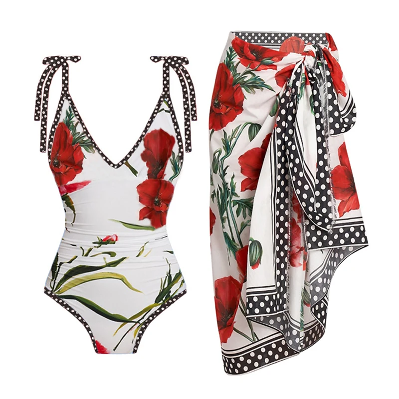 

Women One Piece Swimsuit Boho Rose Print V-neck Swimming Costume 2023 Summer Luxury Shorts Bourkini Sexy Sling Bikini Monokini