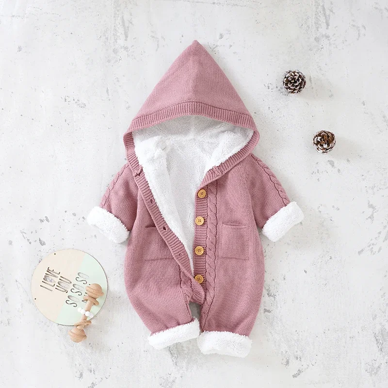 Winter Baby Romper Knit Newborn Girl Boy Jumpsuit Outfit Fashion Hooded Infant Kid Fleece Clothes 0-18M Solid Onesie Long Sleeve