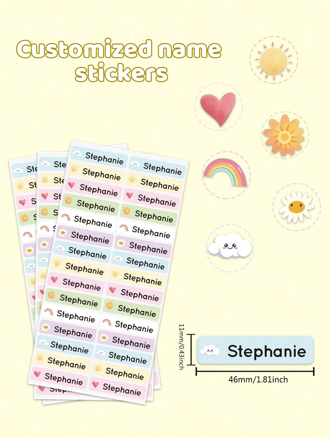4,6 cm langer individueller Namensaufkleber, personalisierter Cartoon, frisch, niedlich, wasserfest, modernes Schulbedarf-Etikett, individuelle Namensaufkleber