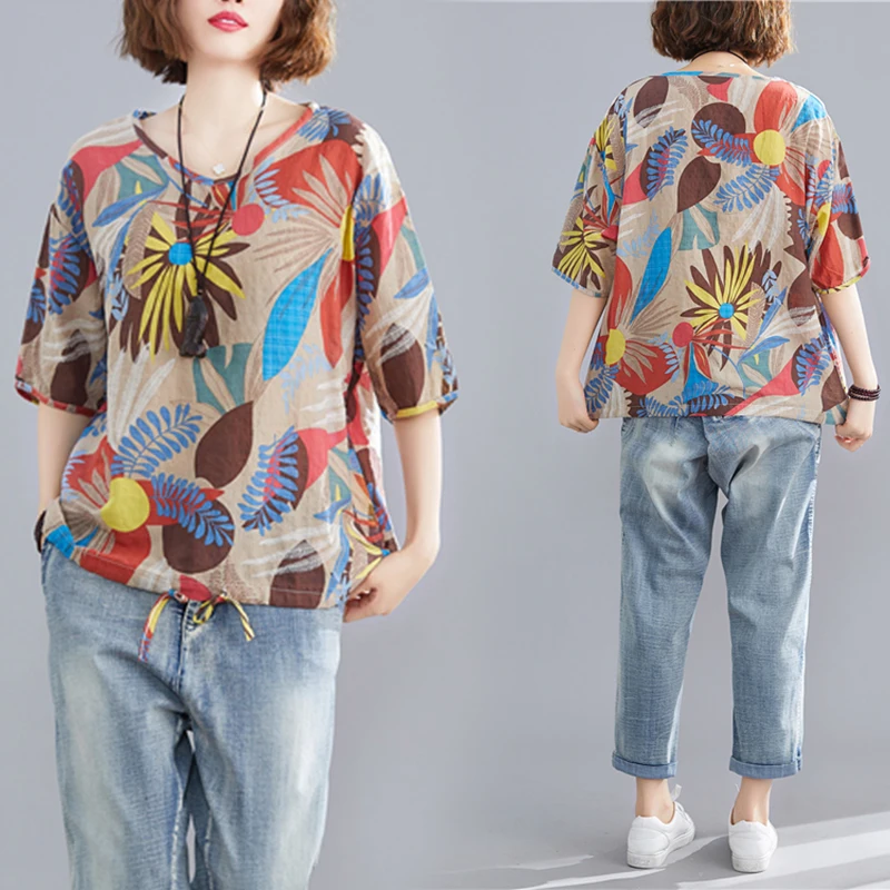 

Женская футболка большого размера из хлопка и льна с принтом ort Sve V-Ne, свободный крой, повседневный топ с завязками по подолу и цветочным принтом, лето 2020