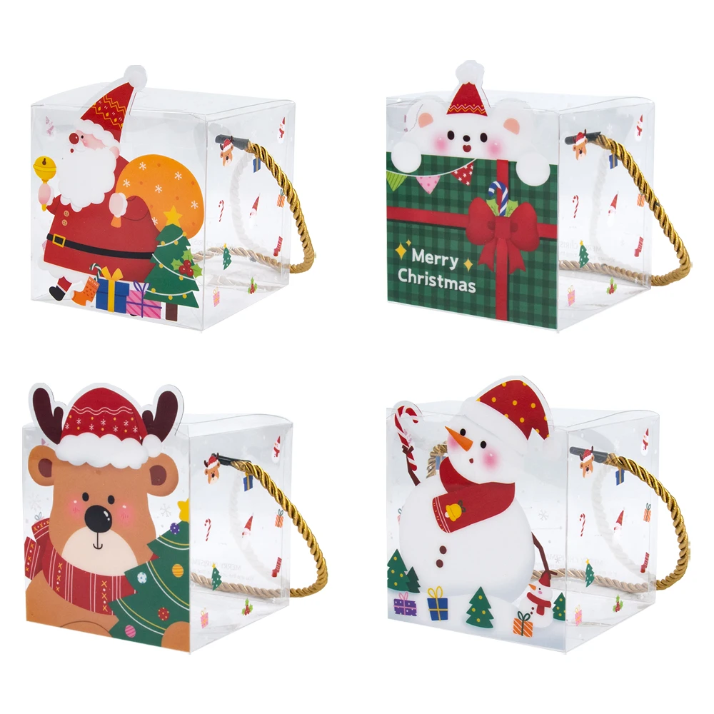 4/8pcs Snowman Santa Reindeer PVC Square Clear Candy box Xmas Navidad plastic Gift Packaging box 2024 New Year Party Kids decor