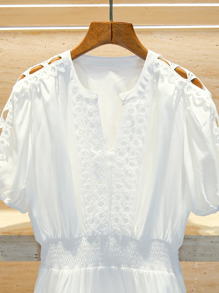 กระโปรงทรงเอไลน์สีขาว แต่งลูกไม้ปักลายฉลุ สไตล์ยุโรป สำหรับผู้หญิง รุ่น High-End  เหมาะสำหรับฤดูร้อน