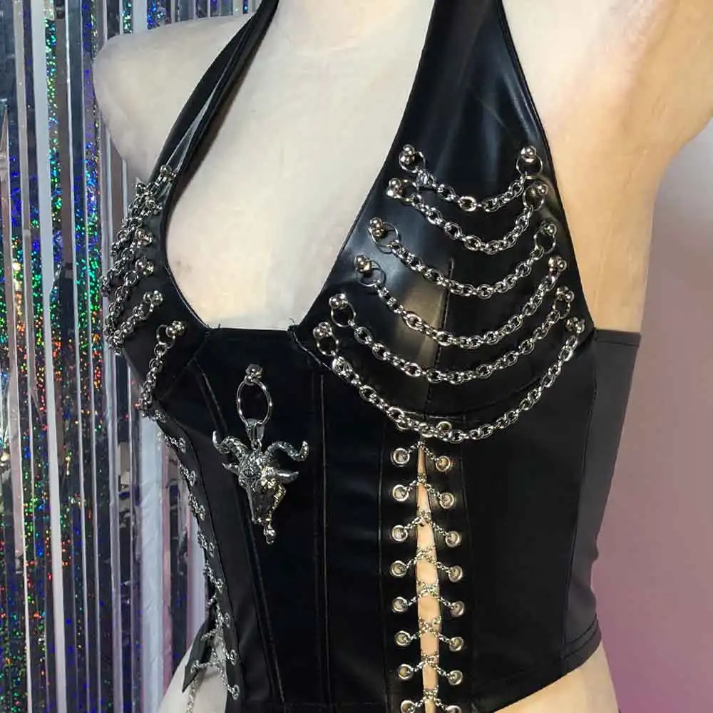 Goth Top Y2K Cybergoth Women's Tanks Emo Clothing Gothic Corset Tops with Chain Cyber Punk Rock Teens Rave Festival Bra Grunge