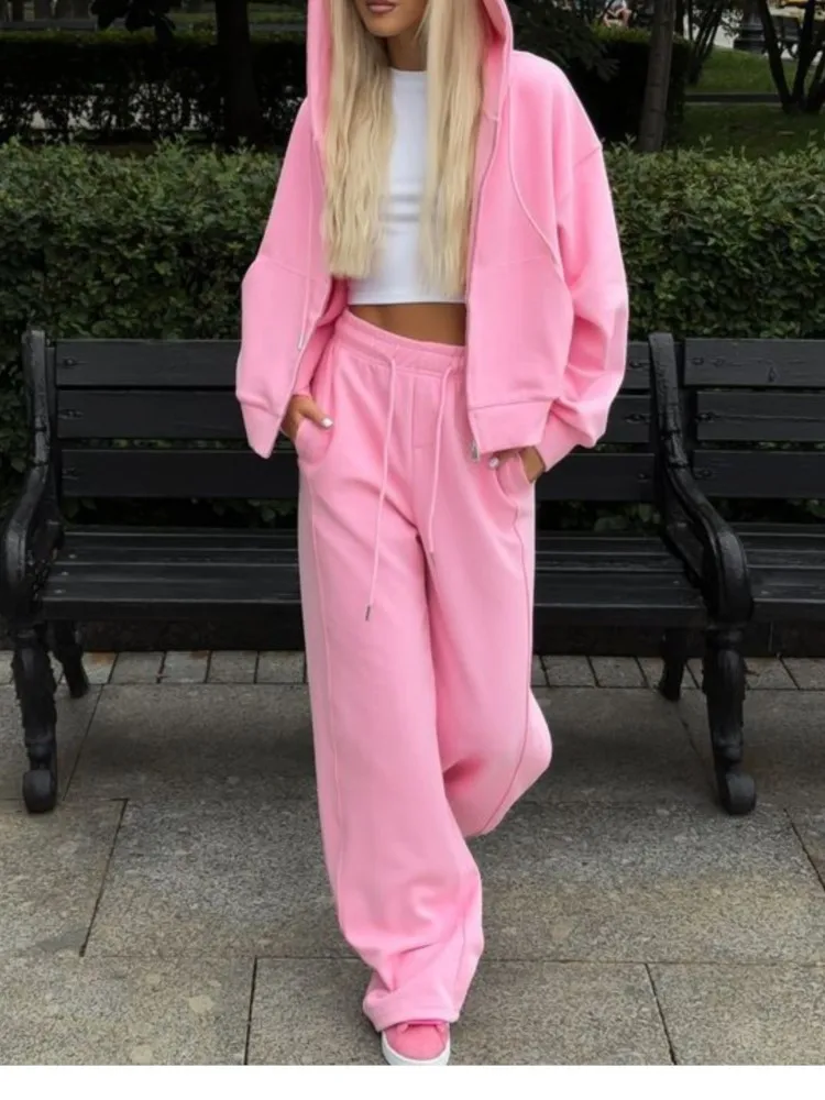 

Women's Zipper Hooded Sports Cardigan Tie Trousers Two-piece Set Autumn Elegant Solid Color Long-sleeved Top Wide-leg Pants Set