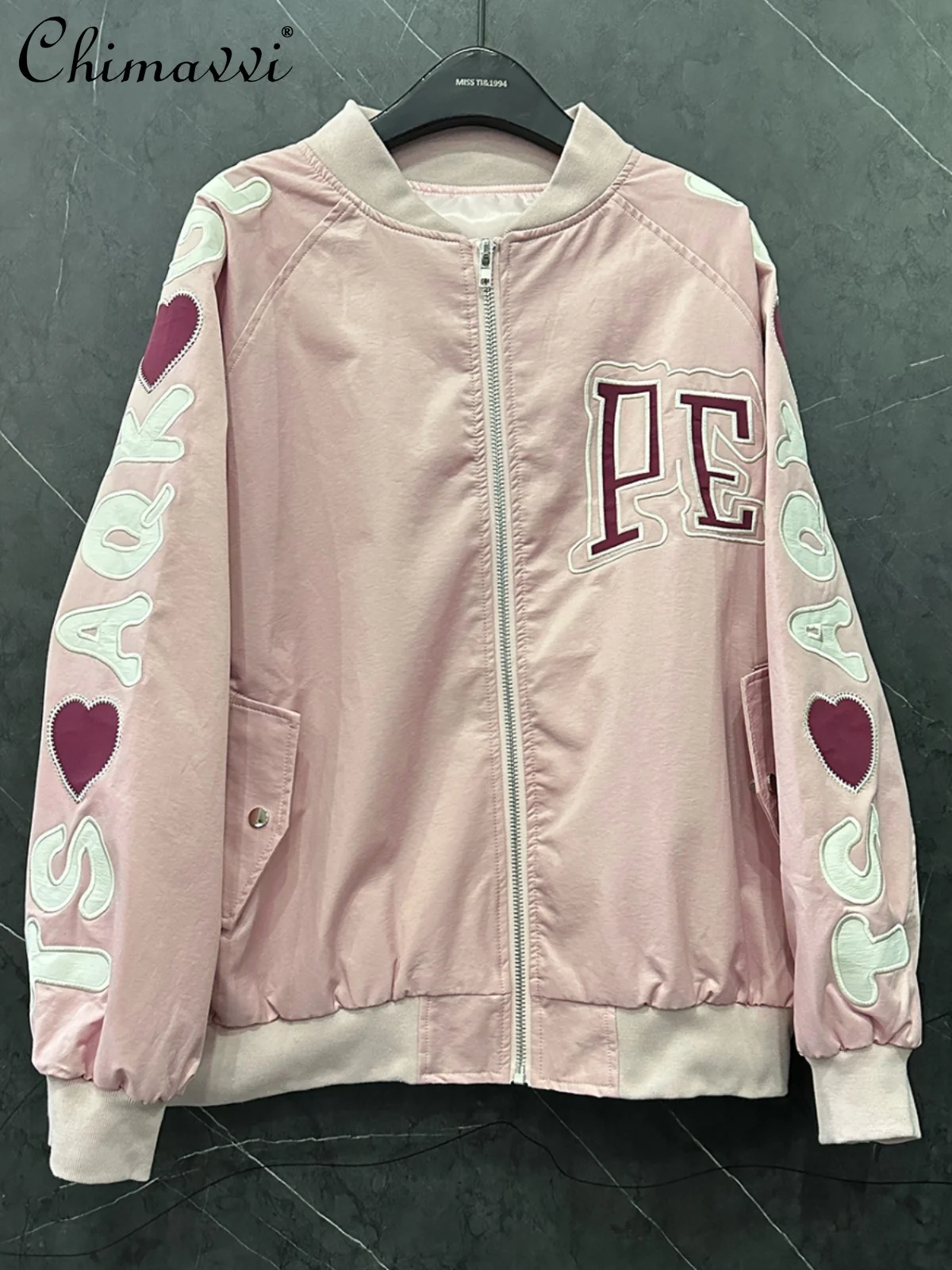 

2025 Spring and Autumn New Heavy Embroidery Letter Pink Jacket Women's Fashion Loose Long Sleeve Casual Jacket Baseball Uniform