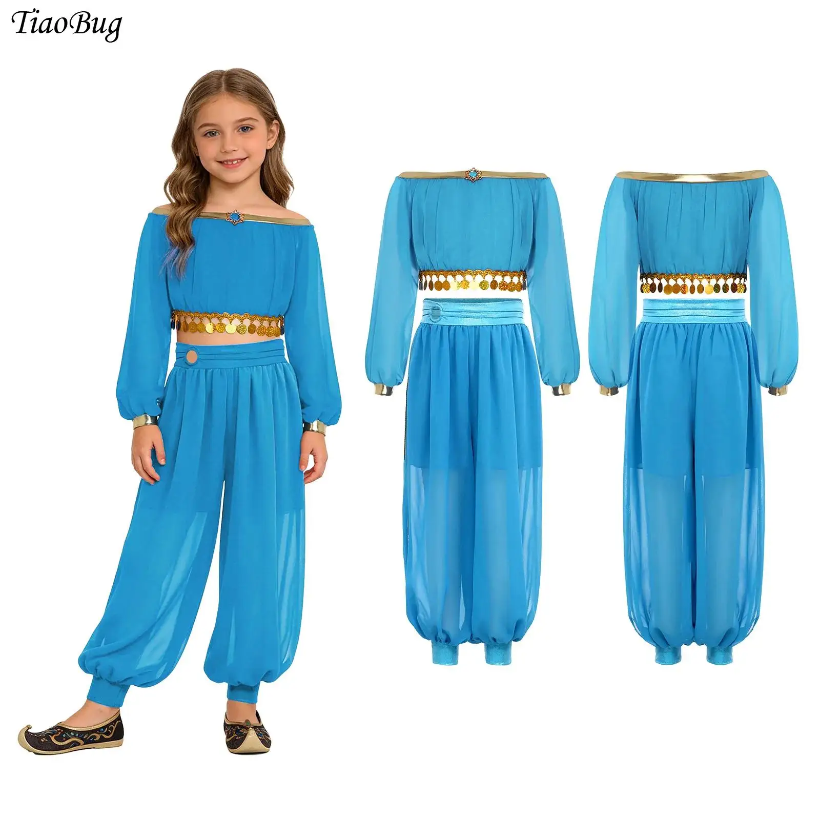 

Kids Girls Sequin Tassels Rhinestone Belly Dance Crop Top And Side Split Pants Bloomers Hallween Indian Belly Dance Costume Set