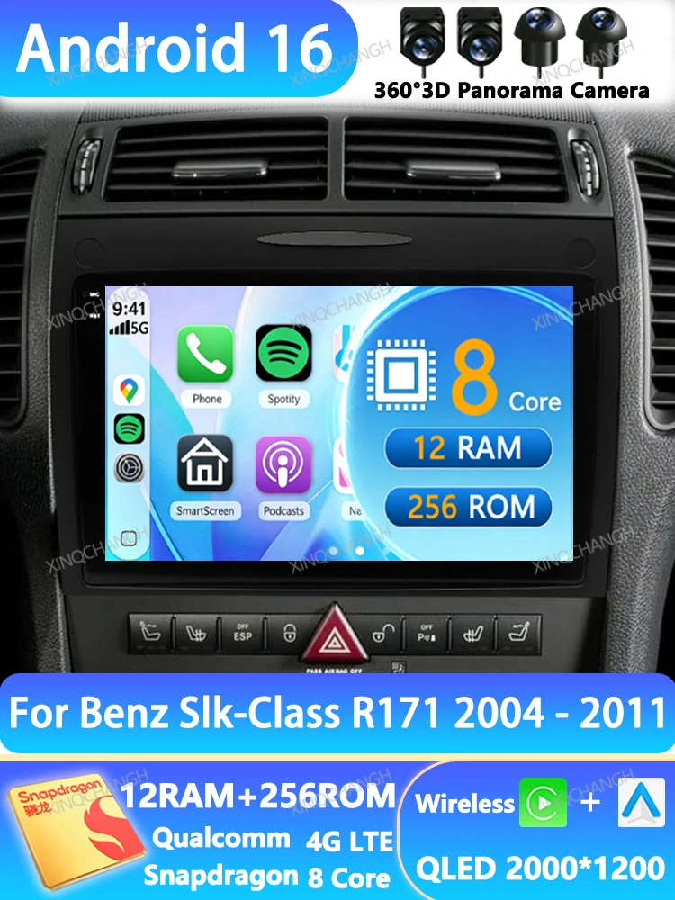 Autoradio Android 16 pour Mercedes-Benz Classe SLK R171 2004 - 2011, navigation GPS QLED, BT, 4G, WIFI, unité principale 2DIN, BT, GPS