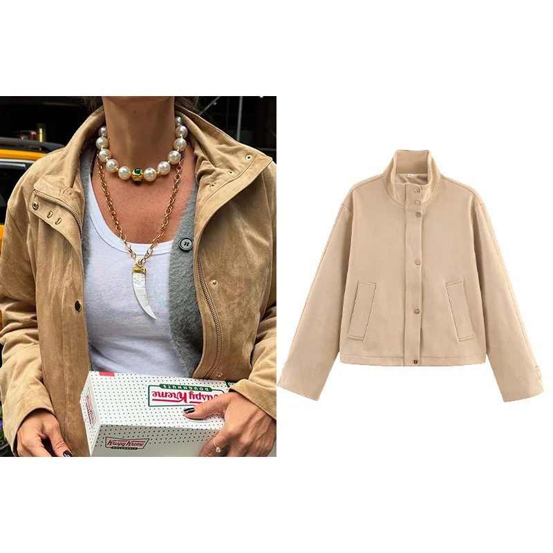 

NERHEFZ женская укороченная куртка с воротником-стойкой, пальто с длинными рукавами на пуговицах, женская осень 2023, новая шикарная уличная офисная верхняя одежда