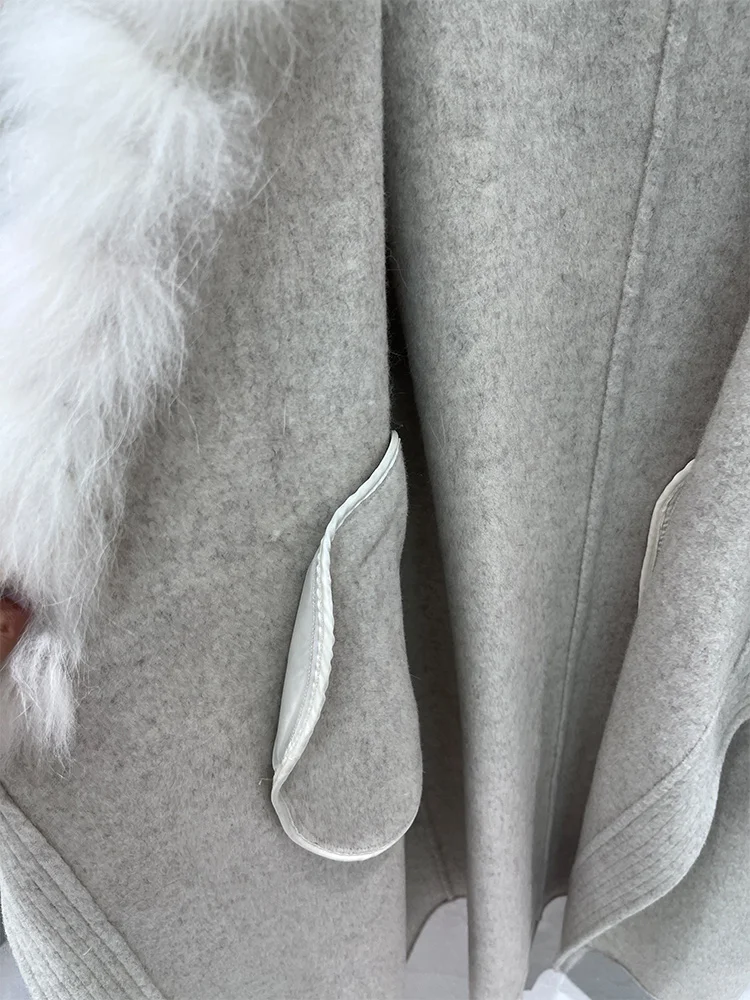 2025 New Women Winter Jacket Natural Fox Fur Collar Long Wool Woolen Coat Ladies Outerwear Streetwear