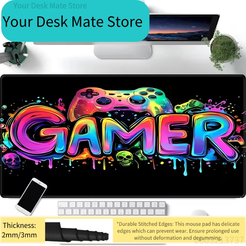 

1 Large Colorful Gamer Printed Non-Slip Stitched Edge Desk Mat for Gaming Office Home