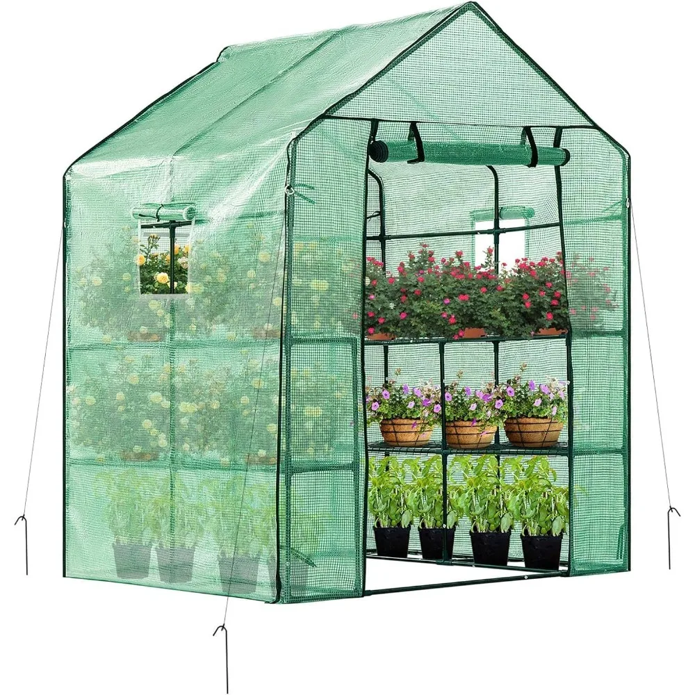 

57x57x77 Inch Mini Walk in Green House with Window and Anchor, Plant Garden Hot House 2 Tiers 8 Shelves, 4.7 x 4.7 x 6.4