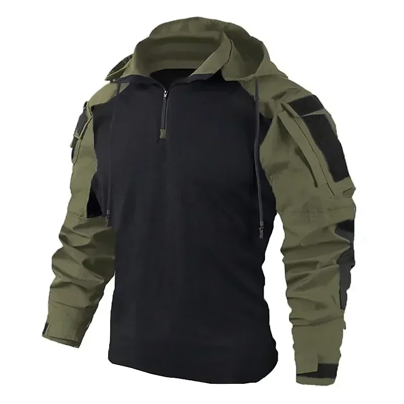 Herren Langarm Combat Shirt 1/4 Reißverschluss Ripstop Taktische Shirts Mit Kapuze Camo Airsoft T Shirts Wandern Jagd Kleidung Pullover – Detail 8