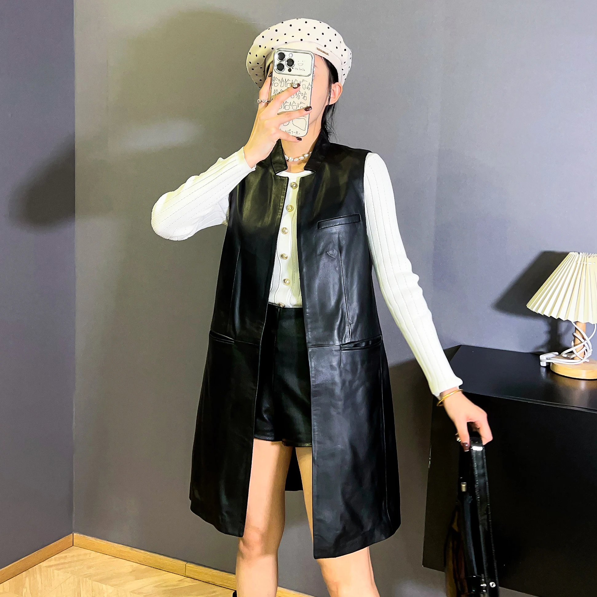 

Bla eep Leather Vest Women's Mid-Length Svel Slim Fit Outerwear V-Ne No Button Warm Index Medium Chinese Origin